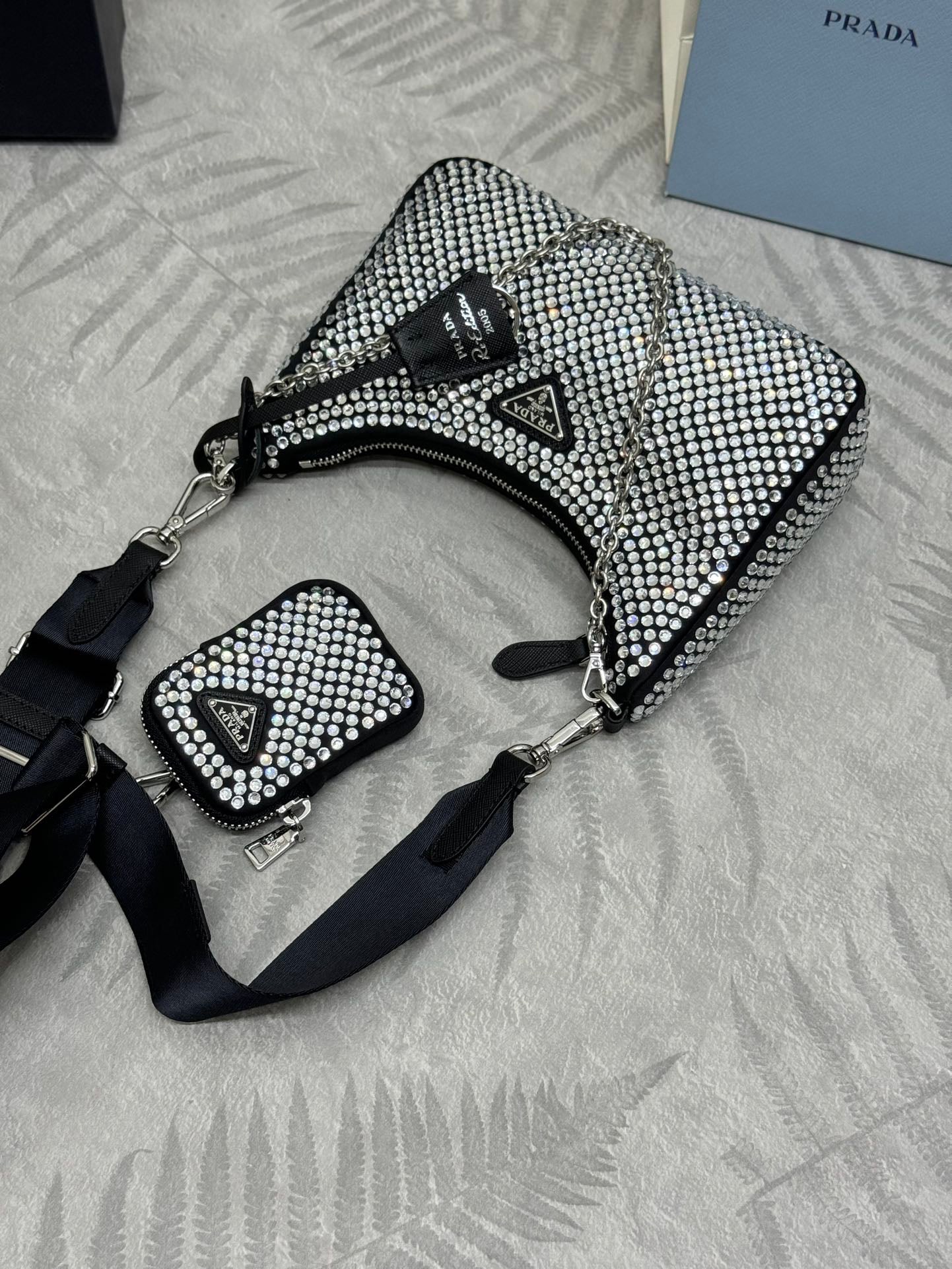 💎 Crystal Mesh 3-in-1 Bag|22×16×6cm Bling Chain Purse w/ Detachable Pouch