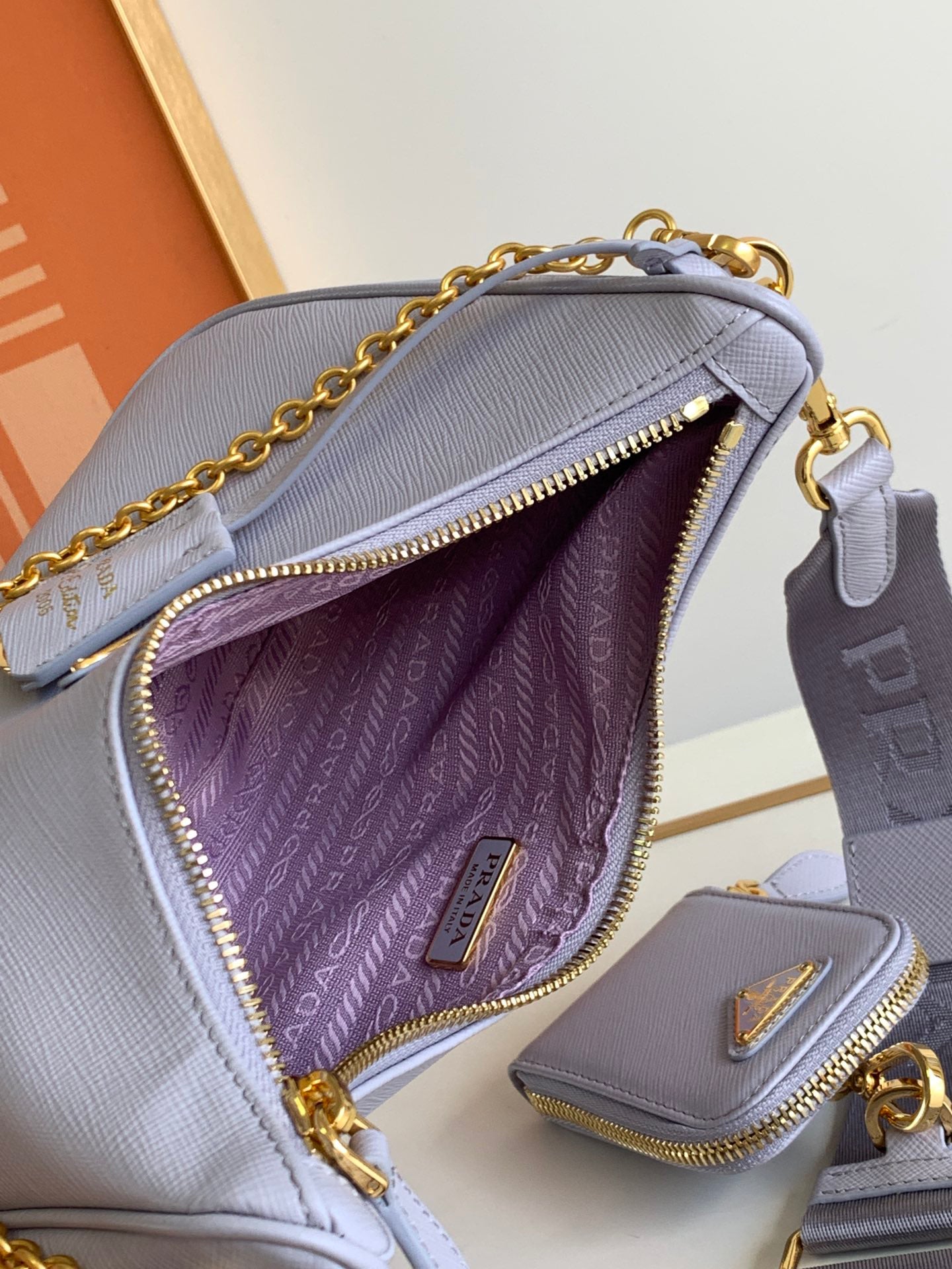 2025 Upgraded Saffiano Hobo Bag 22x18x6.5cm - Detachable 3-Piece Set (Strap+Chain+Pouch) with Keyring & Enamel Triangle