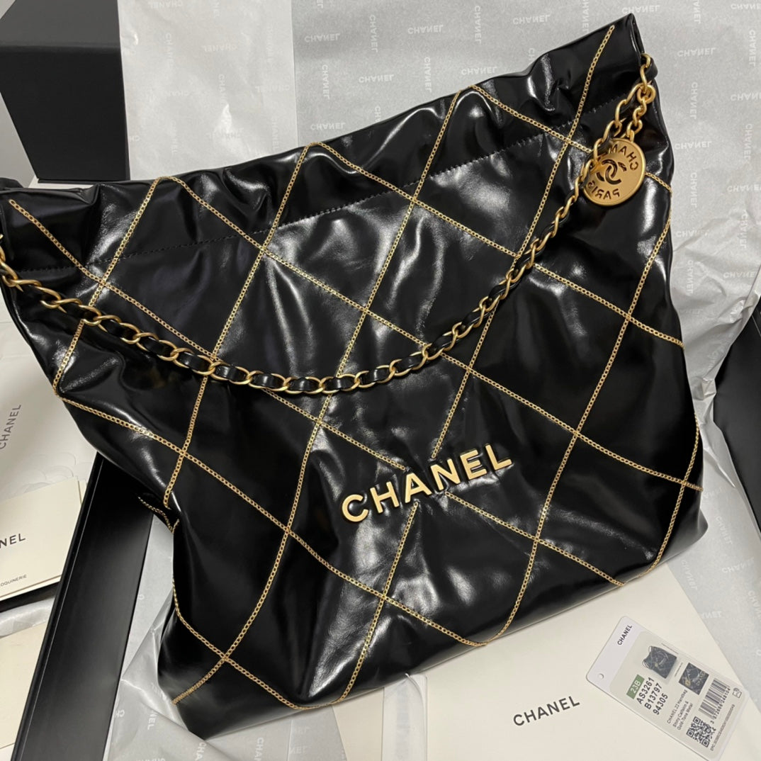 Chanel 22 Bag "Trash Bag" Black & Gold | Vintage Coin Detailing & Magnetic Closure | Unisex Calfskin Luxury Tote