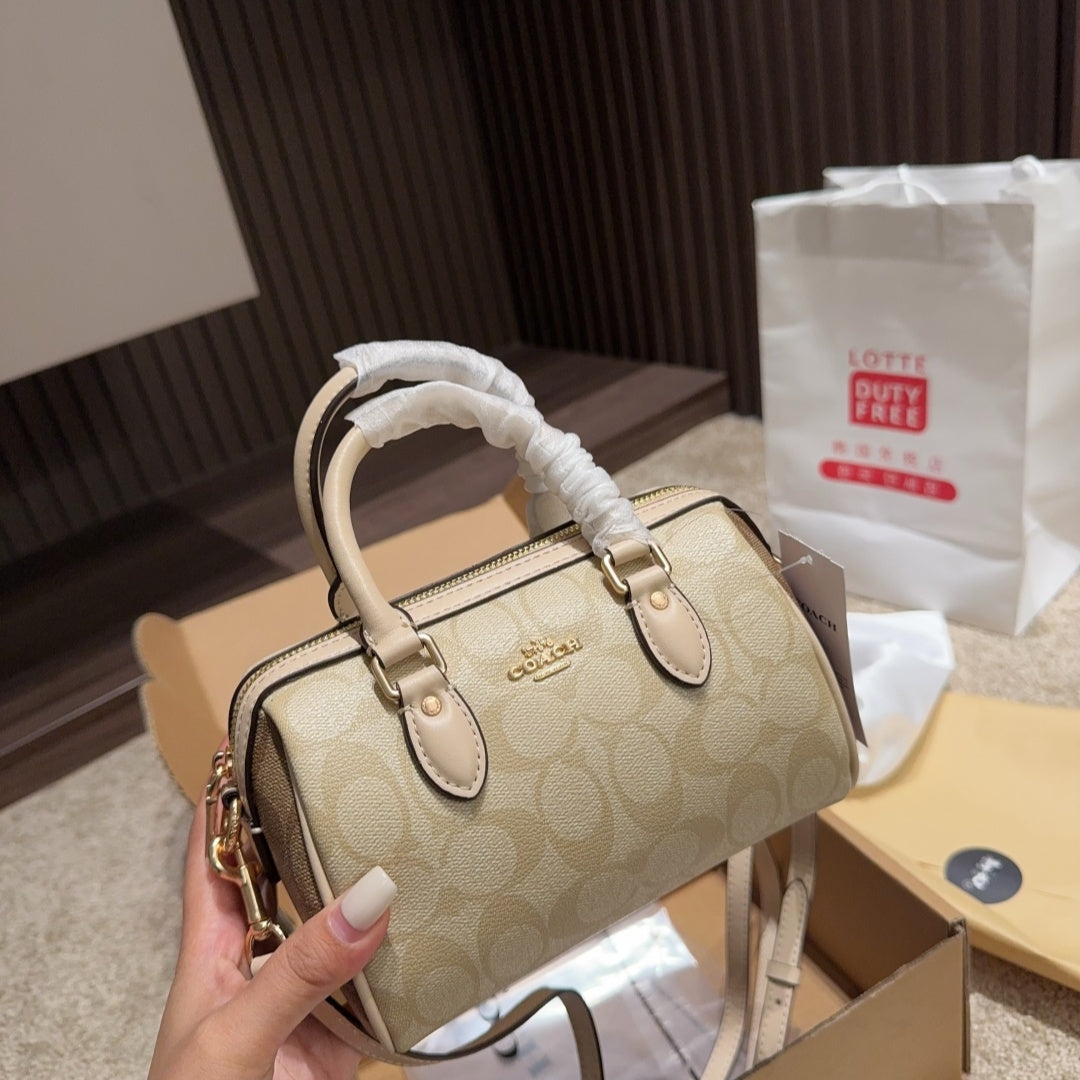 Coach New Mini Rowan Satchel - Blocked Signature Canvas Boston Pillow Bag (7"L x 4.75"H x 4"W) | Cute & Spacious Retro Y2K Crossbody for Sweet Edgy Girls
