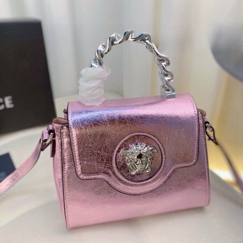 Versace La Medusa Metallic Pink Top Handle Bag – Medusa Head & Chunky Chain Design (21x17cm) | Luxury Shimmer Tote