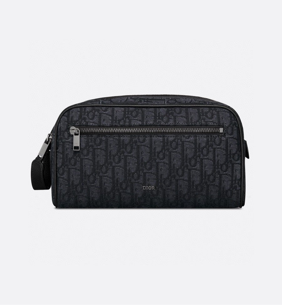 DIOR Gray C.D Diamond Canvas Toiletry Pouch with Leather Trim | Travel Organizer