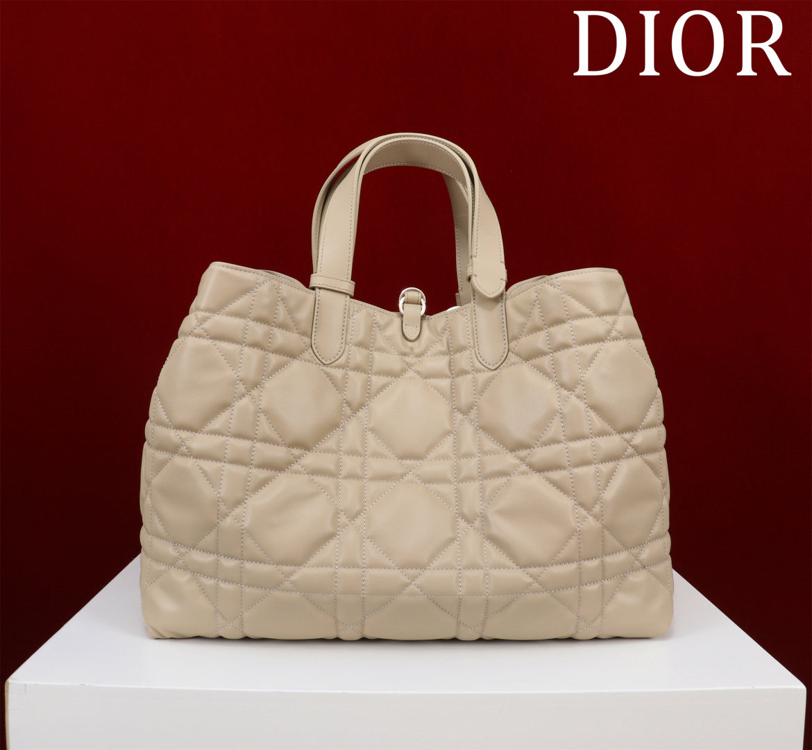 Beige Calfskin Tote Bag|Drawstring Closure & Detachable Pouch|Adjustable Leather Handles|Medium 28.5×21.5×19cm