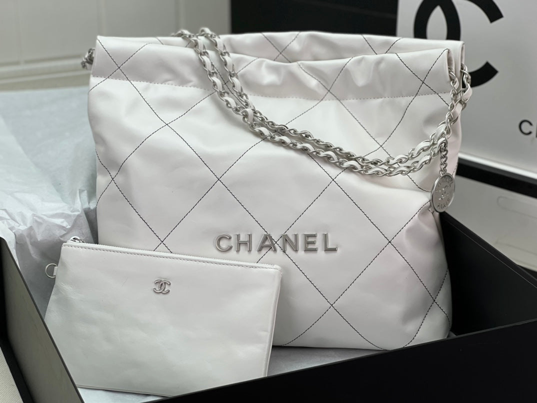 Chanel 2022 Chain-Strap Tote Bag | Vintage Brass Coin Charm & Drawstring Closure | Small 35×37×7cm Spacious Shopper