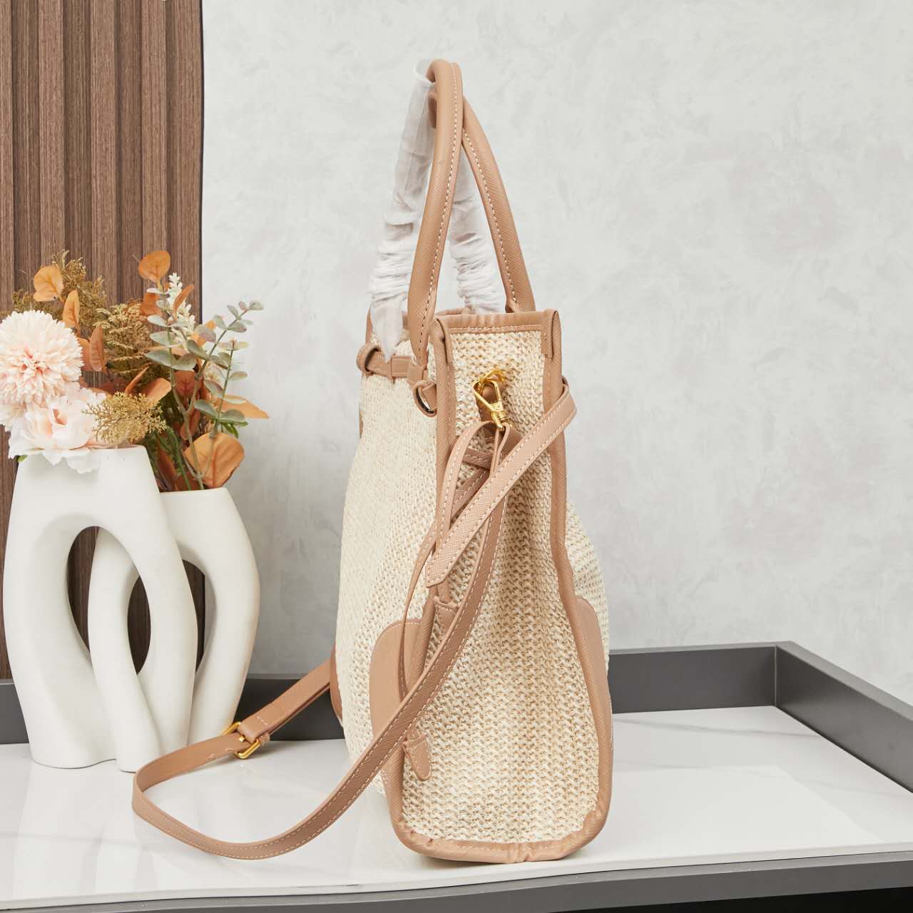 🌴 PRADA Raffia Tote Bag 38x30x12|Waterproof Lining & Detachable Strap|Summer Woven Beach Bag