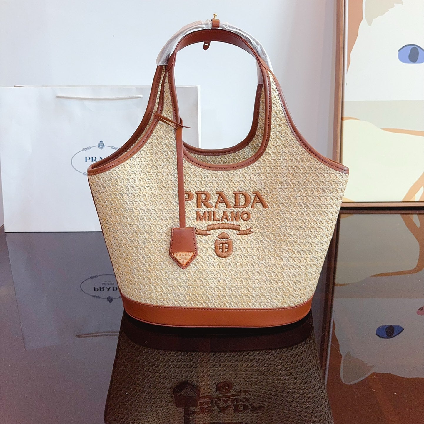 Prada Raffia Bucket Shoulder Bag Summer Woven Straw Tote 28x13x22cm Beach Vacation Essentials PRADA MILANO