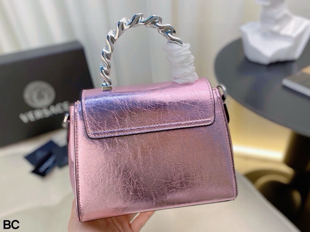 Versace La Medusa Metallic Pink Top Handle Bag – Medusa Head & Chunky Chain Design (21x17cm) | Luxury Shimmer Tote