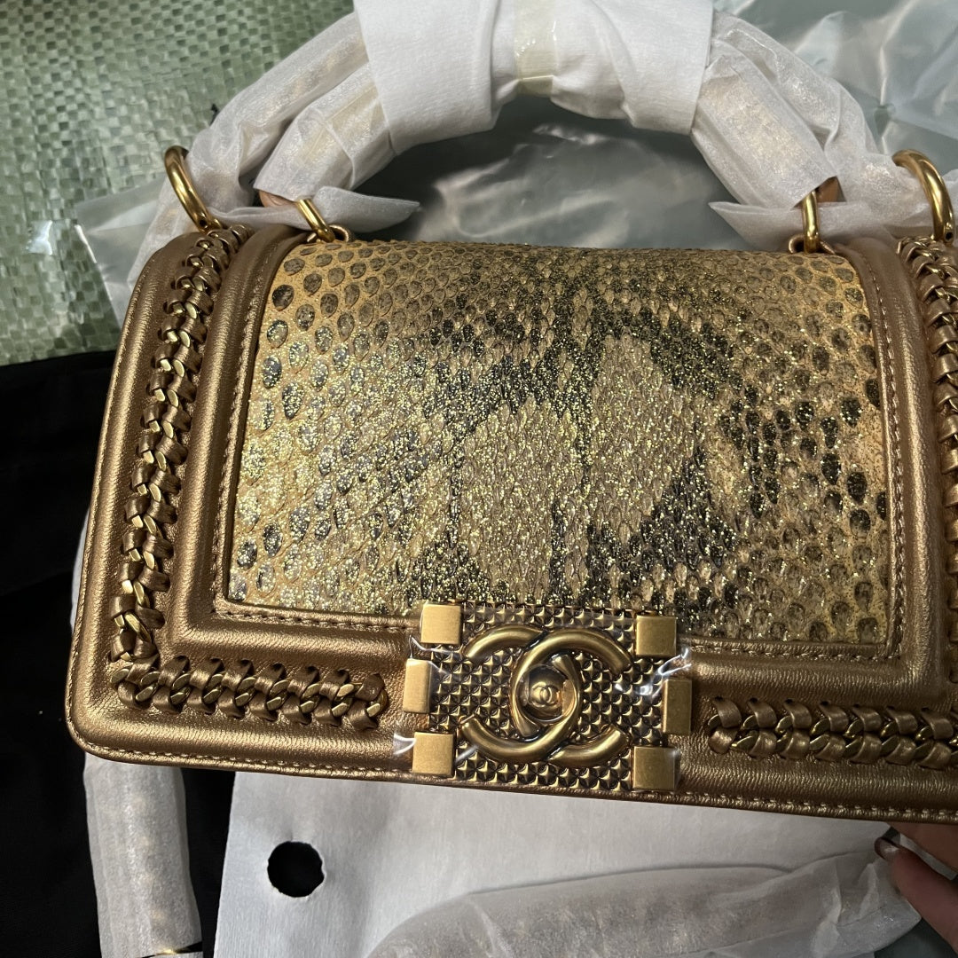 Chanel Metallic Gold Python & Bronze Lambskin Boy Small Flap Bag | 9.8" Exotic Python Crossbody Bag with 18K Gold Hardware | Celebrity-Inspired Luxury