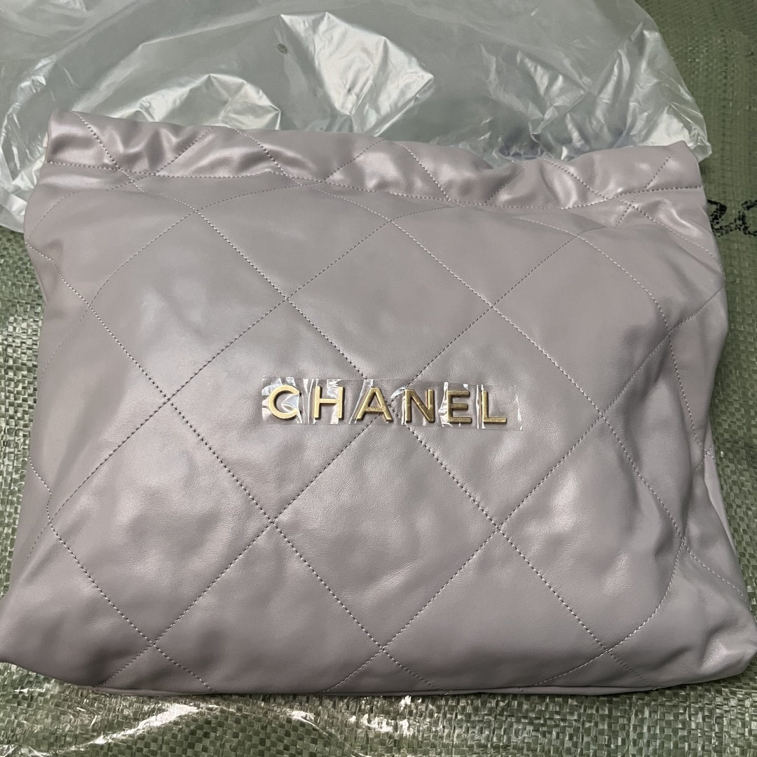 Chanel 22 Bag Light Grey Calfskin Leather Large Capacity Shoulder Handbag with Gold Hardware | Women’s Luxury Tote Bag