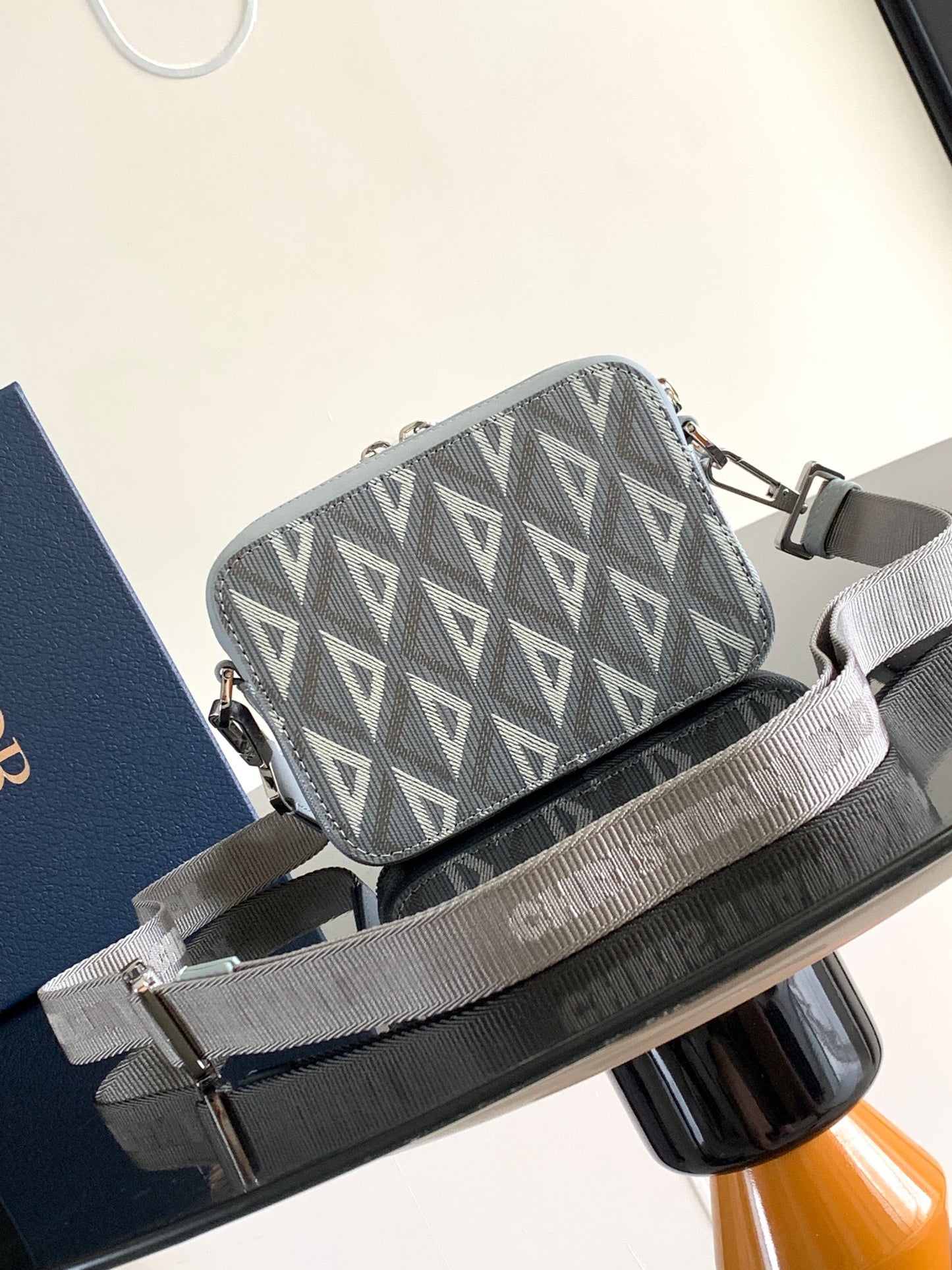 Christian Dior Gray Diamond Oblique Canvas Messenger Bag with Calfskin Leather Trim & Detachable Strap - 17 cm