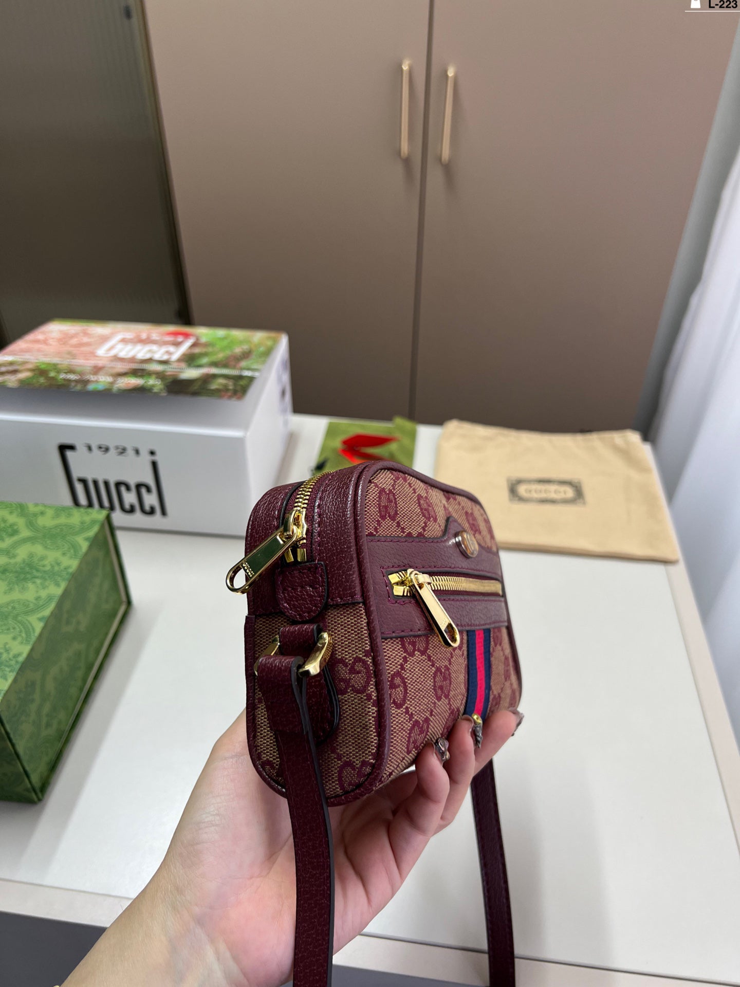 Gucci Ophidia L-223 Vintage GG Monogram Camera Bag - Compact 17×12cm Retro Crossbody Bag with Foldable Gift Box