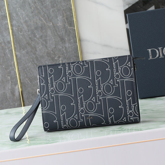 Dior Navy Blue A5 Triangle Clutch｜3D Gravity Embossed Leather｜6 Card Slots & Detachable Strap