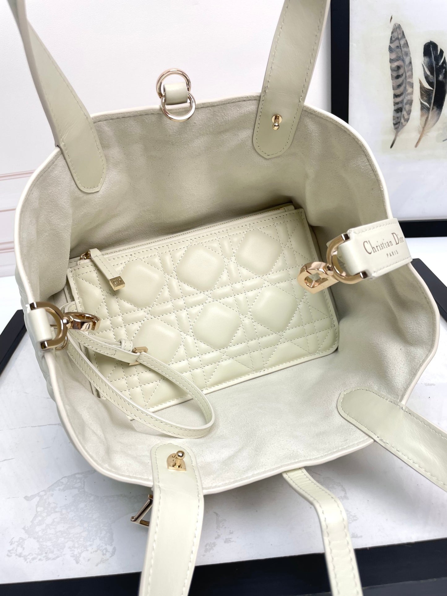 Dior Toujours White Large Cannage Quilted Handbag | Lamb Leather Lining | Imported Hardware | Small 23cm Tote Bag