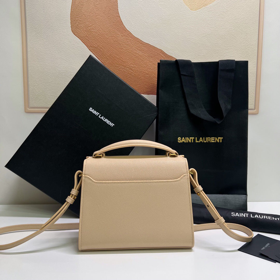 CASSANDRA Mini Grained Leather Handbag - Celebrity Same Style, Beige Caviar, YSL Turn-Lock, Adjustable Strap, Spacious Compartments