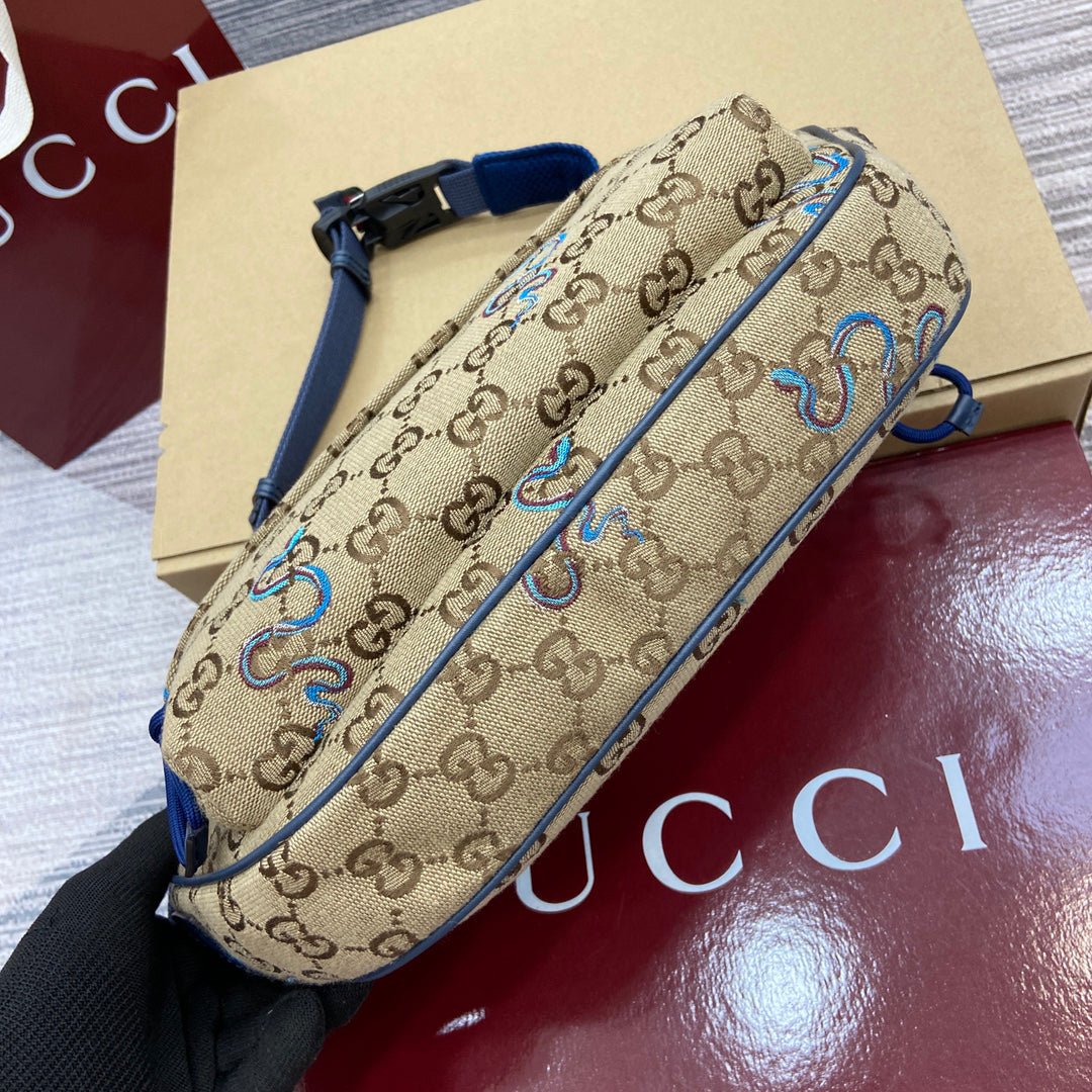 Gucci 2025 Early Spring Men's Snake Embroidery Contrast Backpack in Beige/Dark Brown/Blue