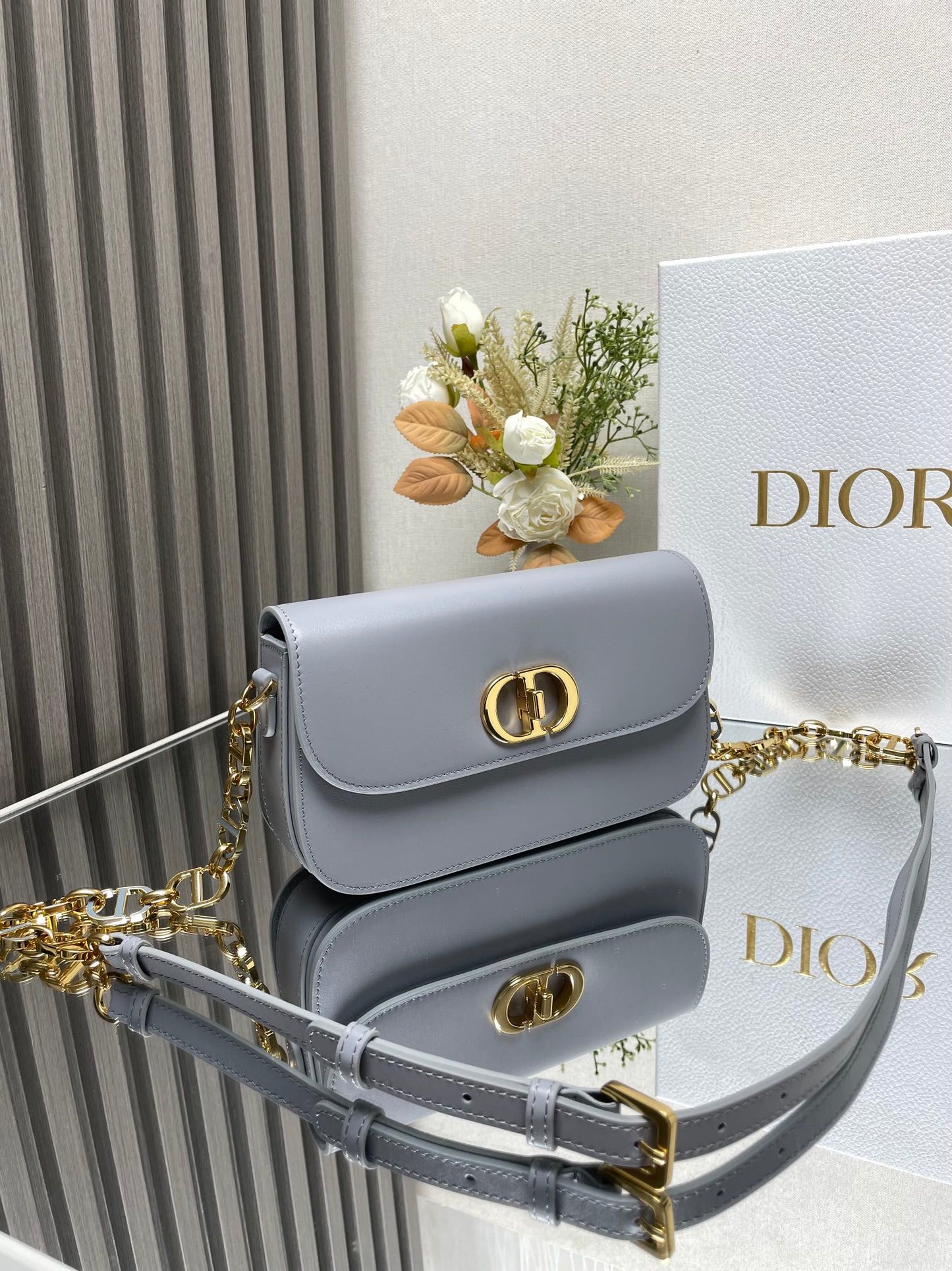 Dior 30 Montaigne Grey Enamel Chain Bag - Glazed Calfskin Flap Bag with Perfume-Bottle Inspired Closure (Convertible Triple-Compartment Crossbody)