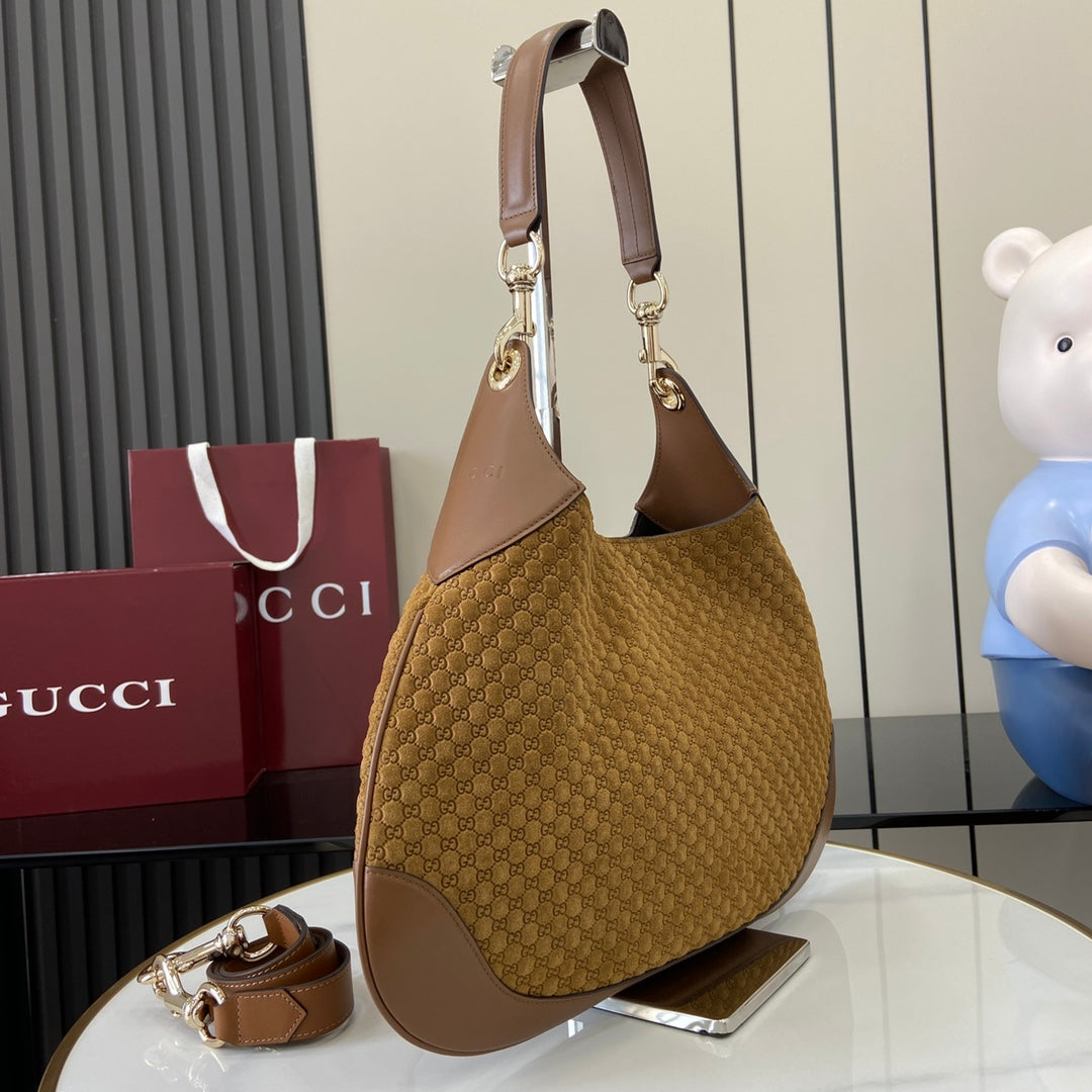 Gucci Body Double-Lock Shoulder Bag - Vintage 1950s Inspired Brown GG Suede with Adjustable Strap