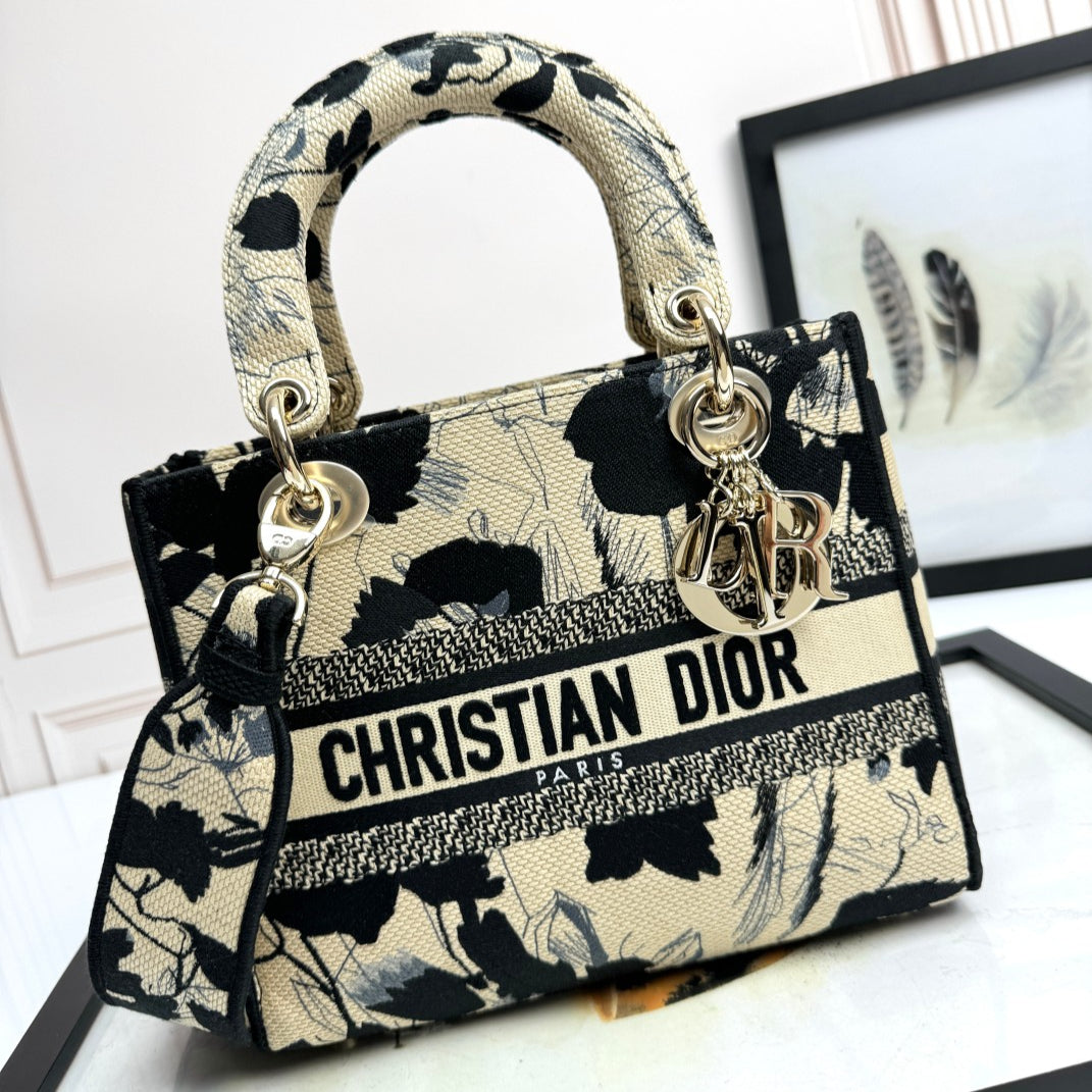 Dior Lady D-LITE Black Peony Embroidery Bag - Pietro Ruffo Collaboration with Detachable Strap & Gold D.I.O.R. Charms (Medium 24cm Artist Limited Edition)