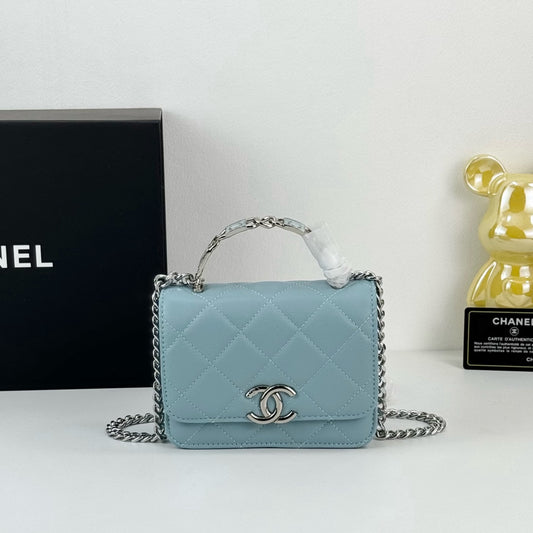 Chanel 22S White Enamel Handle Bag | Mini Sweet & Chic Crossbody | Detachable Woven Strap & Silver Logo