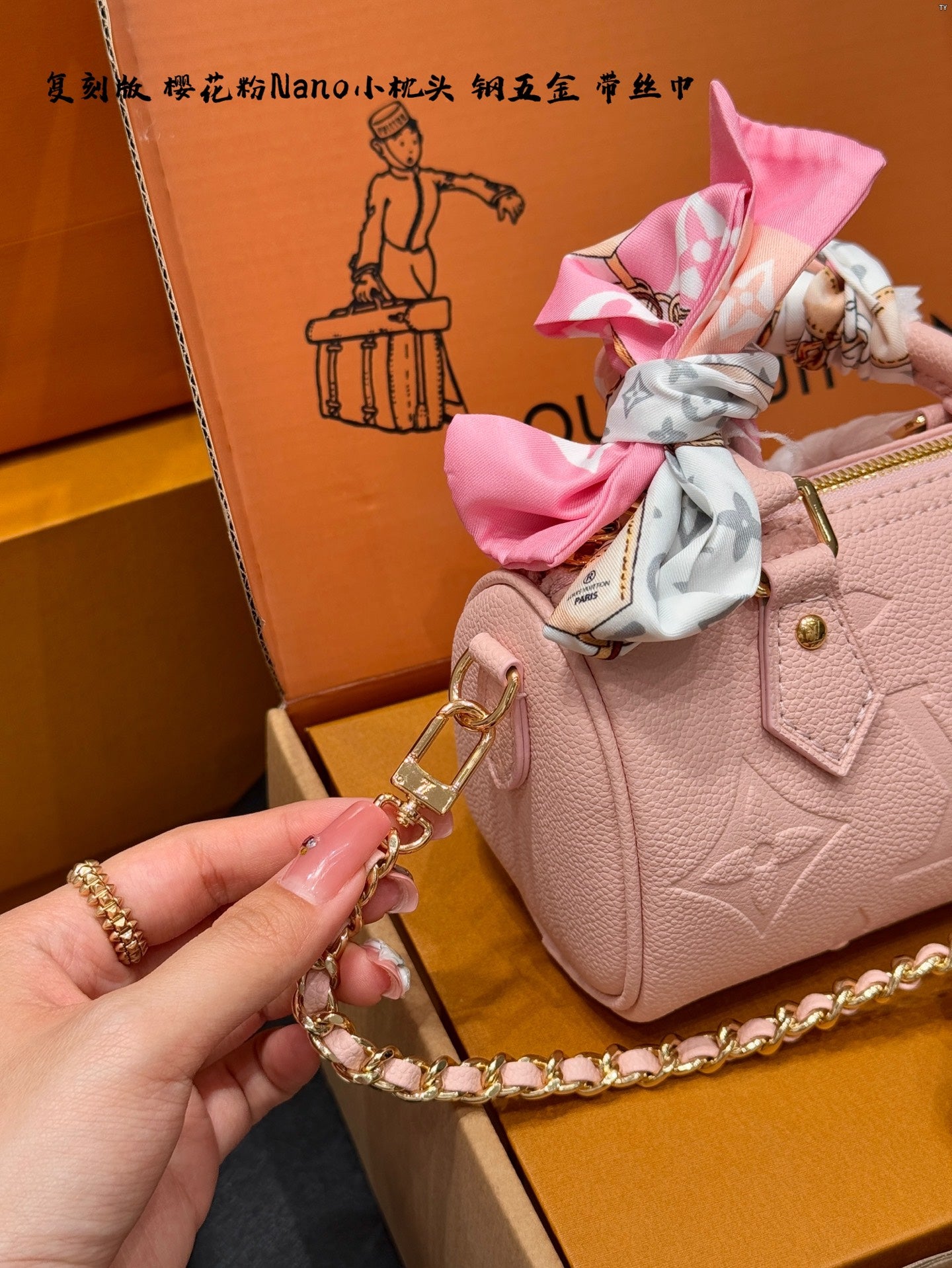 【Authentic Style】LV Nano Speedy Mini Bag 16*10cm with Chip - Floral Embossed Strawberry Milk Pink, Cute & Chic
