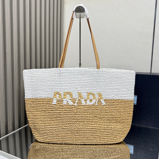 🌴 Summer Raffia Tote｜38x31.5x15cm Handwoven Two-Tone Bag - Beach & Market Tote