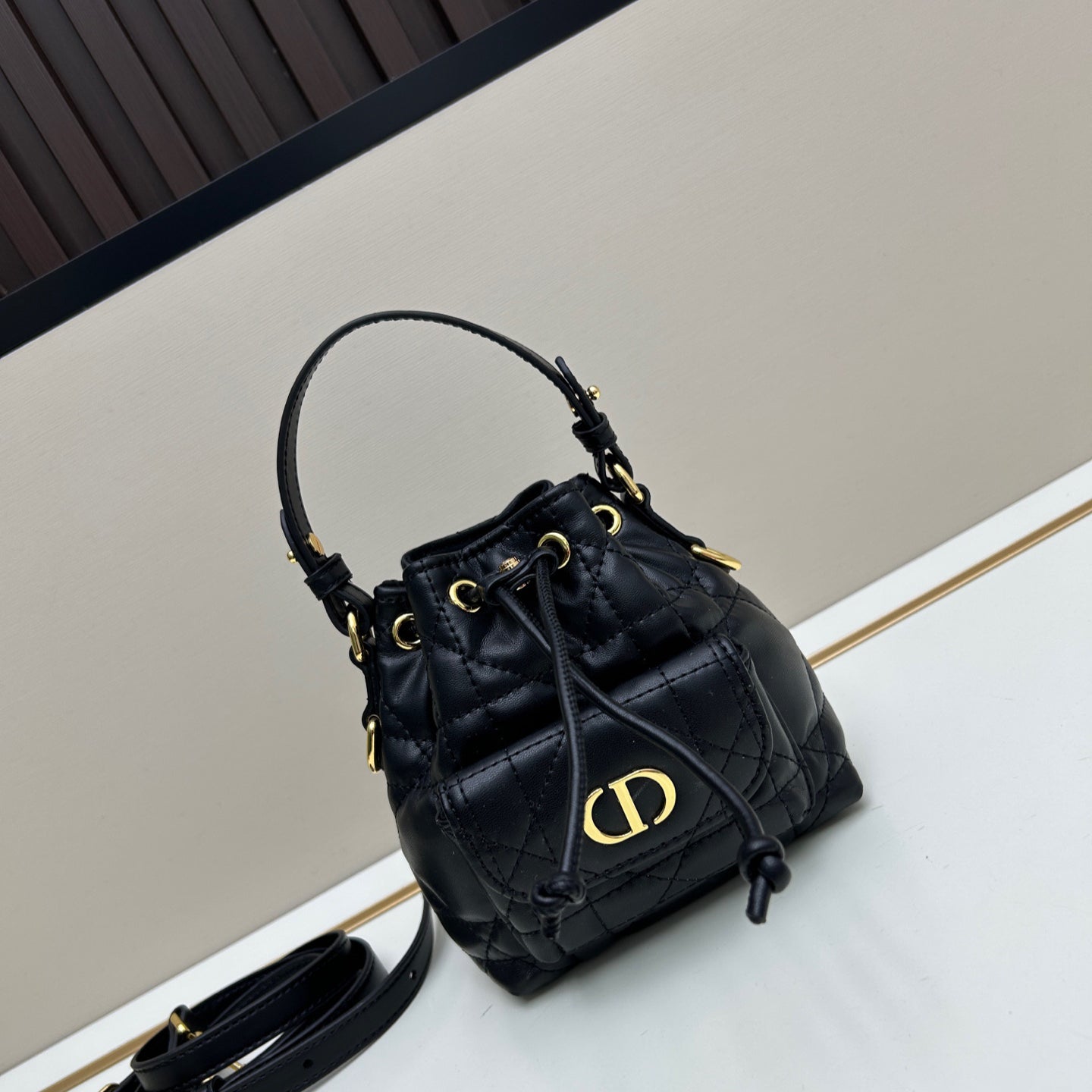 Dior Caro Black Lambskin Bucket Bag with Cannage Stitch & Drawstring | 2025 Fall Ready-to-Wear Collection | Detachable Handle & Adjustable Strap