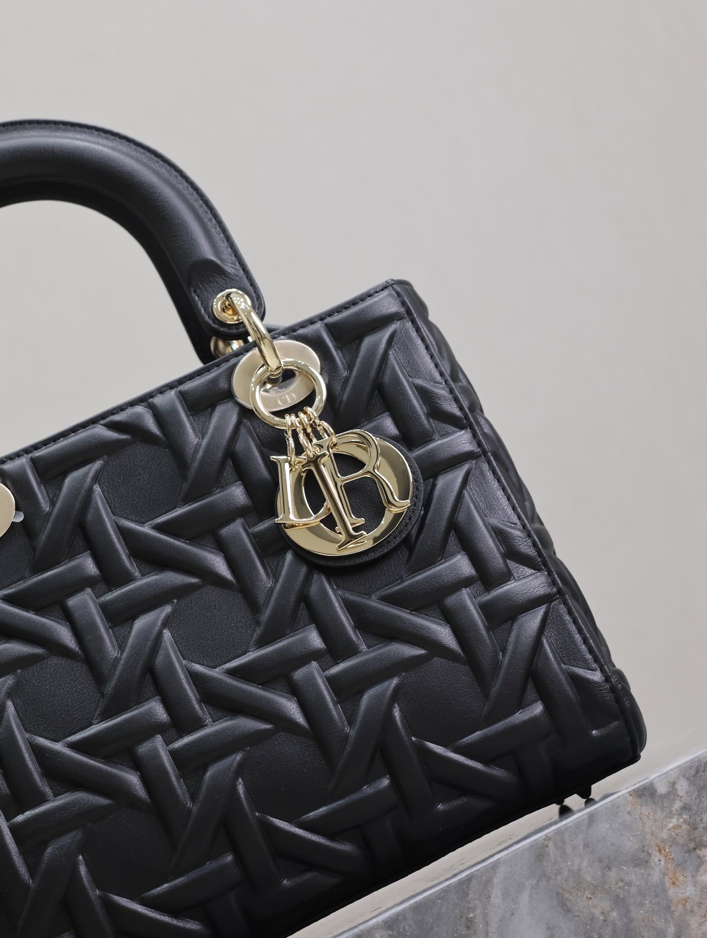 DIOR 2024 Fall/Winter Lady Dior Handbag | Black Calfskin with 3D Graphic Cannage & Pale Gold D.I.O.R. Charm, Medium 24cm