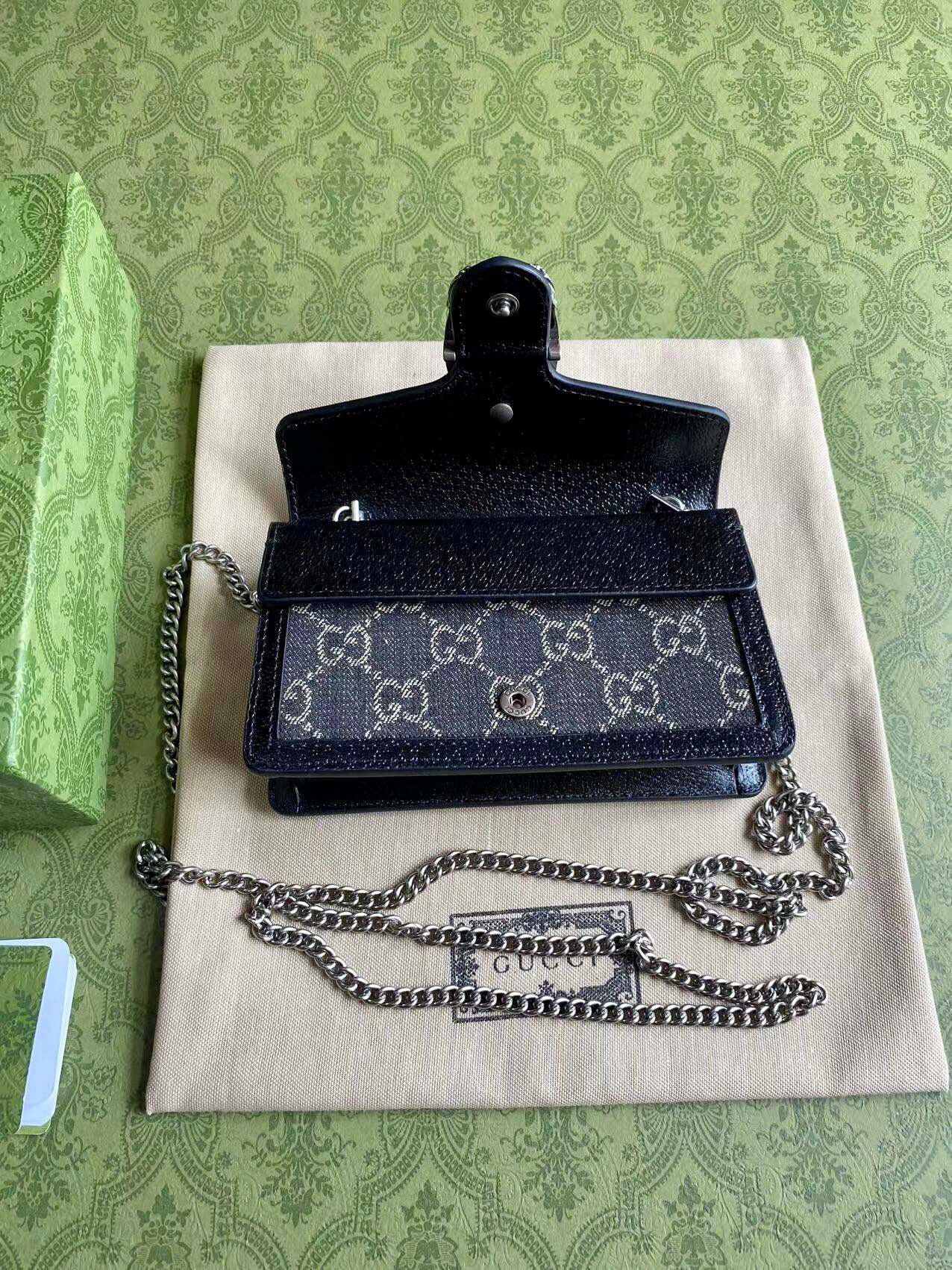 Gucci Dionysus Black Denim Mini Chain Bag Tiger Head Closure Style 476432