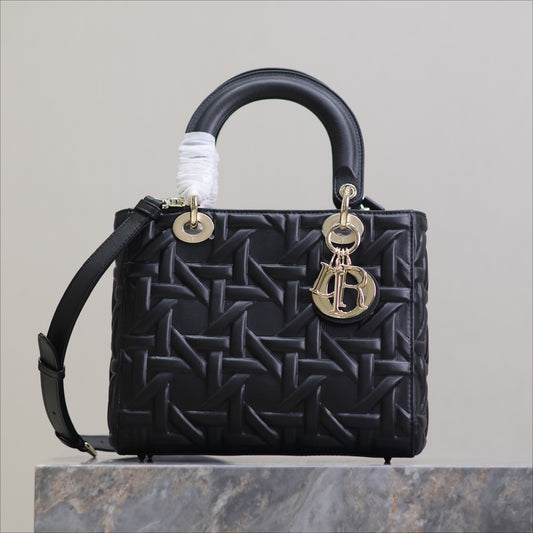 DIOR 2024 Fall/Winter Lady Dior Handbag | Black Calfskin with 3D Graphic Cannage & Pale Gold D.I.O.R. Charm, Medium 24cm
