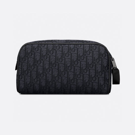 DIOR Gray C.D Diamond Canvas Toiletry Pouch with Leather Trim | Travel Organizer