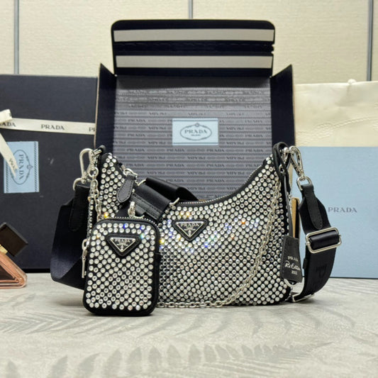 💎 Crystal Mesh 3-in-1 Bag｜22×16×6cm Bling Chain Purse w/ Detachable Pouch