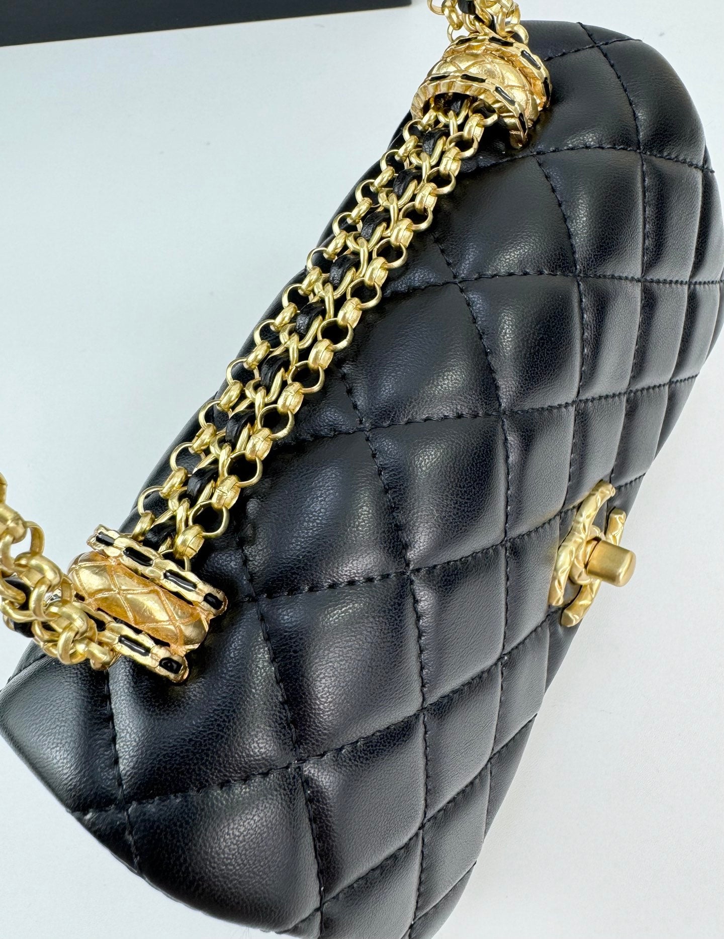 Chanel 24A Black Gold Tassel Chain Flap Bag | Classic Double Gold Pearls Design | 18*11.5cm Luxury Handbag