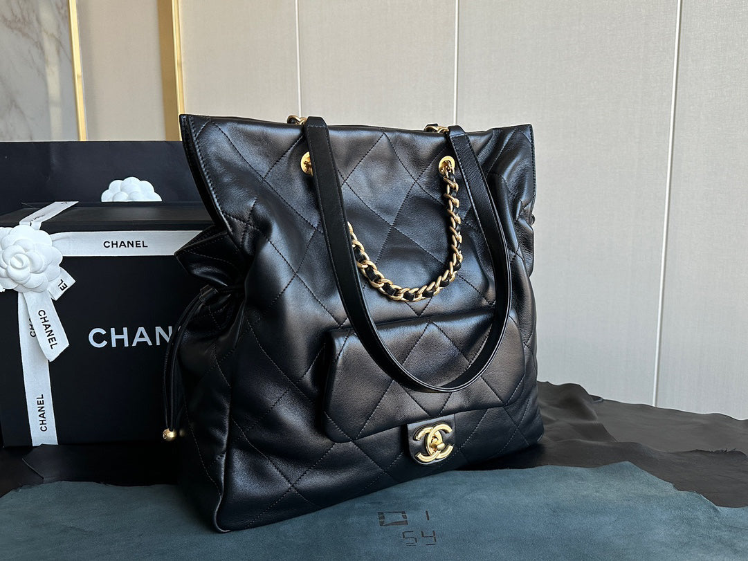 Chanel 25C Black Gold Exclusive Italian Polished Lambskin Tote Bag | Organic Water-Dye Craft + Antique Brass Clasp | 34x36x12cm Nationwide Monopoly