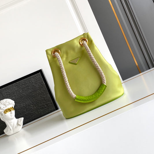 2025 Runway Recycled Nylon Bucket Bag 23.5x28x16.5cm - Slide Knot Handle & Enamel Triangle | Shoulder/Tote Convertible