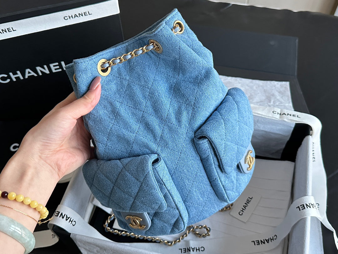 Chanel 25C Washed Denim Mini Backpack | Light Blue | Vintage Wash Original Denim | ZP-Grade Antique Brushed Gold Hardware | Limited Edition