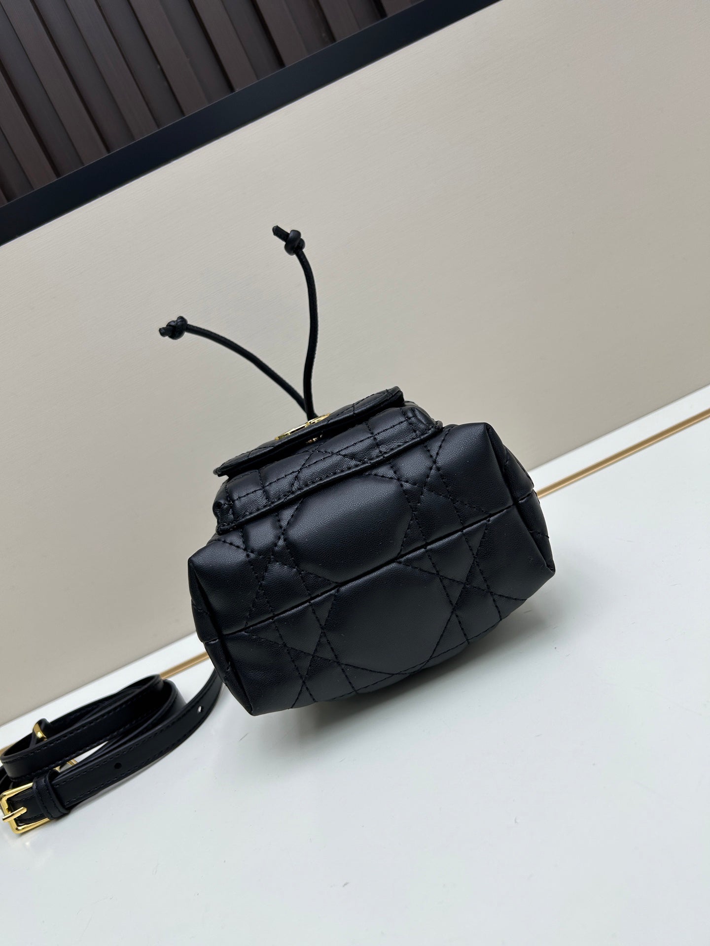Dior Caro Black Lambskin Bucket Bag with Cannage Stitch & Drawstring | 2025 Fall Ready-to-Wear Collection | Detachable Handle & Adjustable Strap