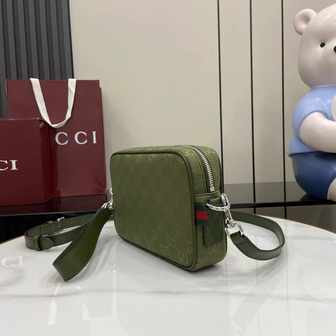 Gucci GG Supreme Canvas Small Crossbody Bag Forest Green with Red/Green Web Stripe - Original Full Set Packaging