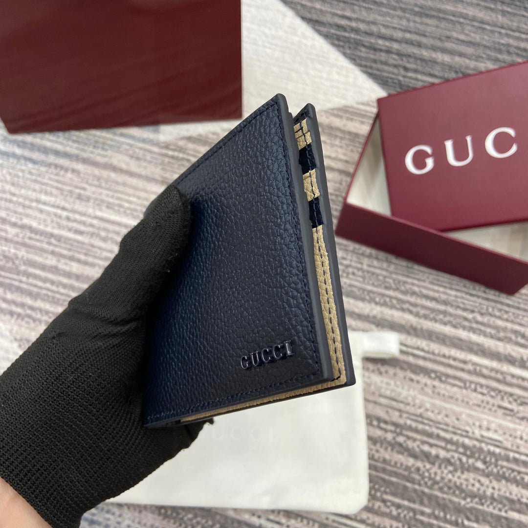 Gucci 2025 Early Spring Collection Deep Blue-Oat Calfskin Leather Bifold Wallet - Dual-Tone Motif, Refined Sophistication