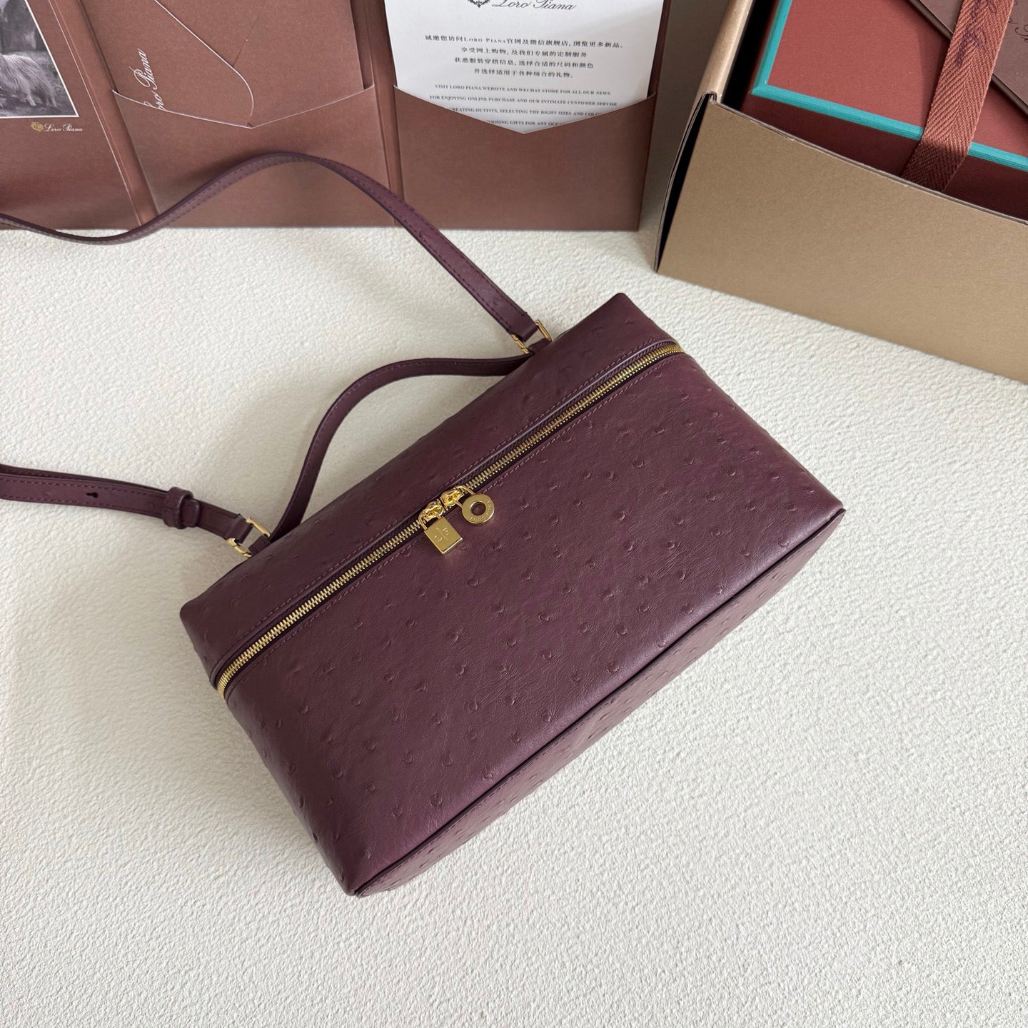 Extra cket L27 Wine Red Ostrich Leather Wide Top Handle Bag - Gold Hardware, Dual Zipper, Lambskin Lining