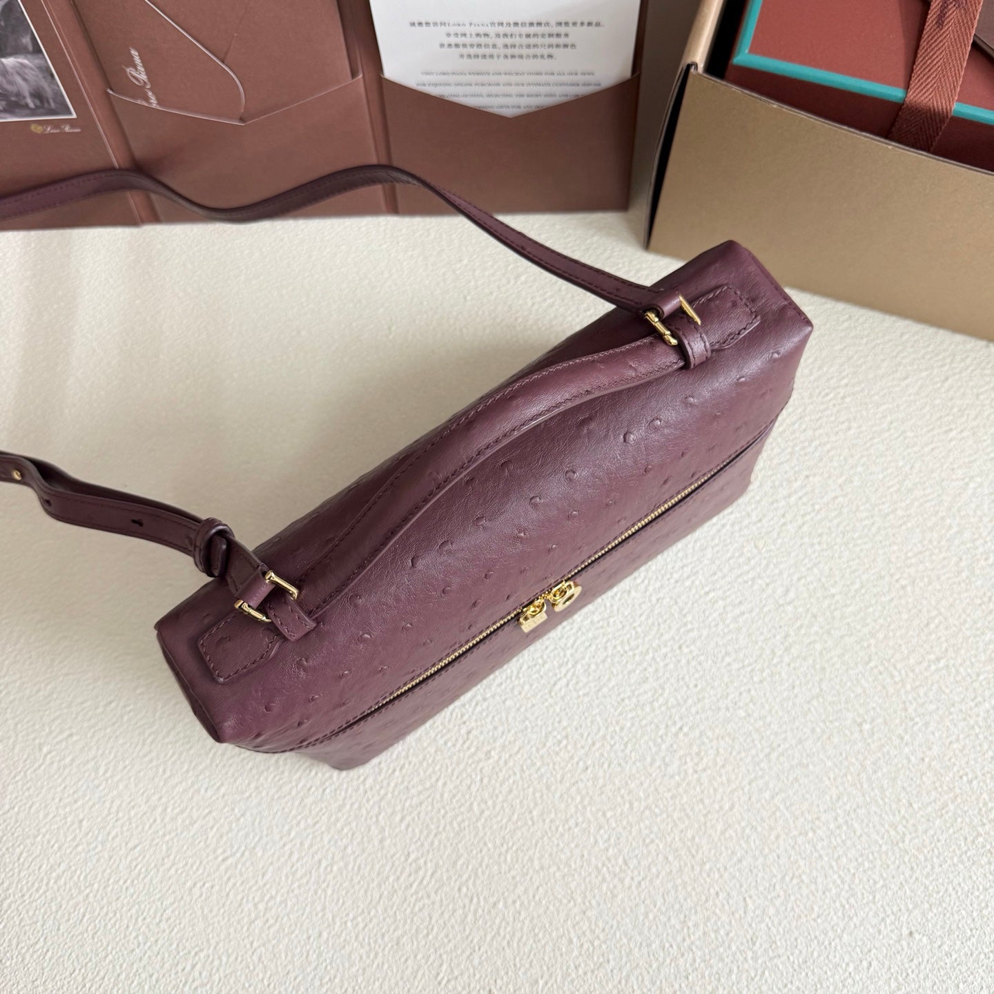 Extra cket L27 Wine Red Ostrich Leather Wide Top Handle Bag - Gold Hardware, Dual Zipper, Lambskin Lining