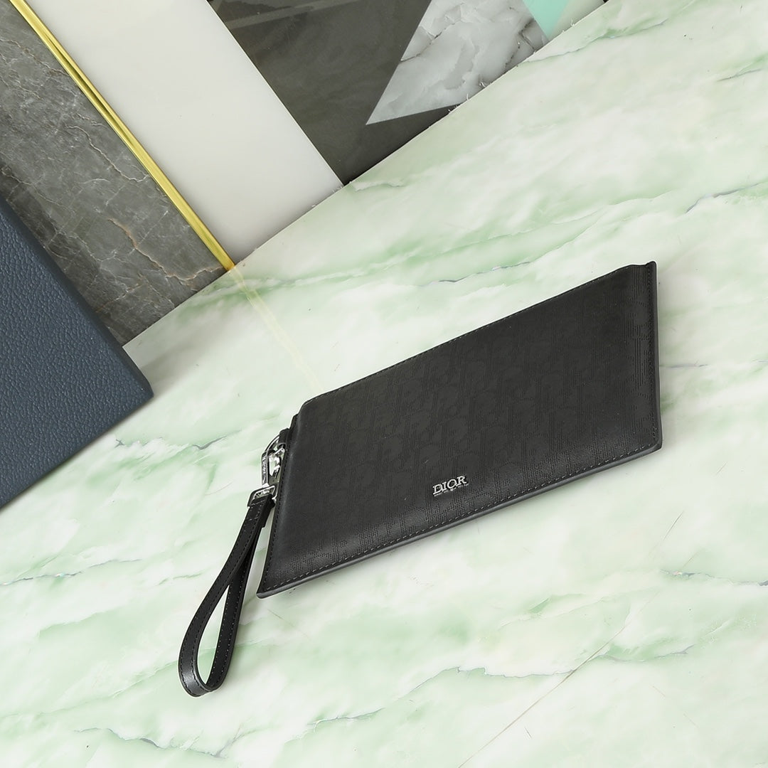 Dior A5 Clutch Bag｜Black Oblique Galaxy Embossed Calfskin｜Zip Compartment & 4 Card Slots｜Brass Dior Monogram