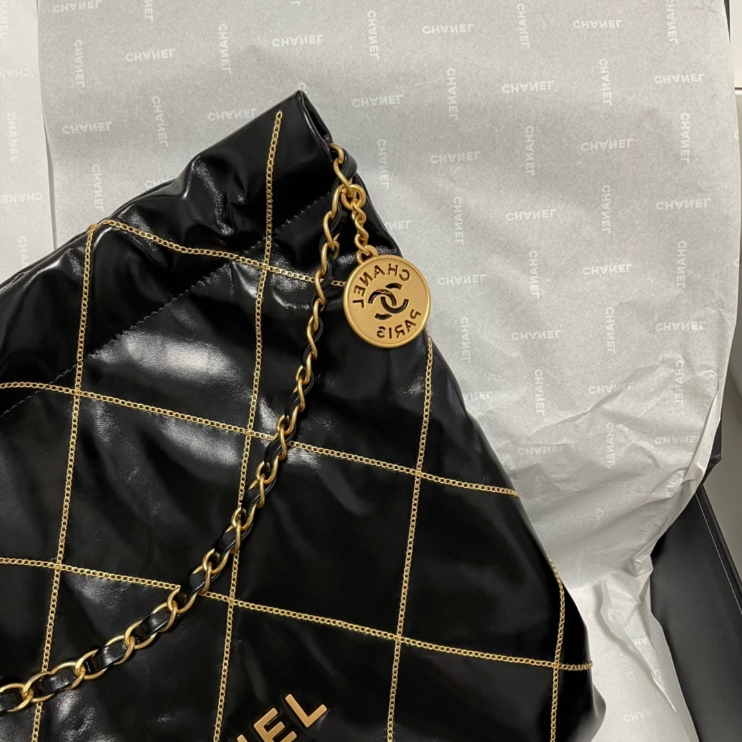 Chanel 22 Bag "Trash Bag" Black & Gold | Vintage Coin Detailing & Magnetic Closure | Unisex Calfskin Luxury Tote