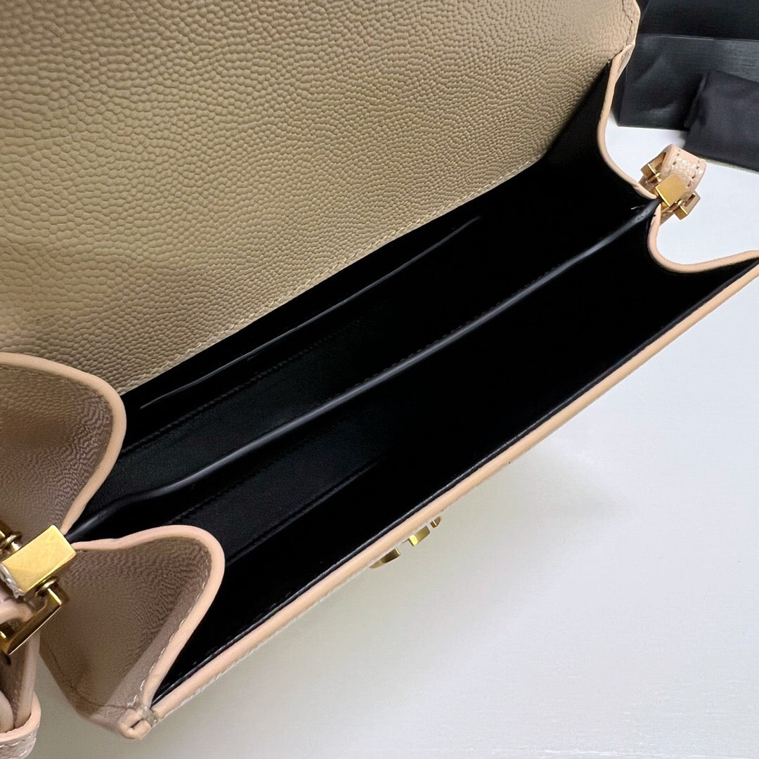 CASSANDRA Mini Grained Leather Handbag - Celebrity Same Style, Beige Caviar, YSL Turn-Lock, Adjustable Strap, Spacious Compartments