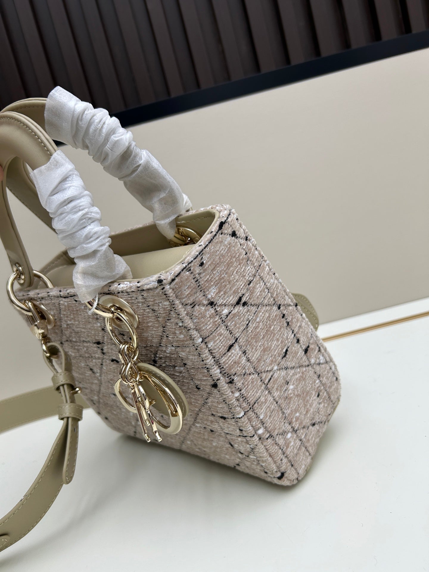 DIOR 2023 Tweed Freedom Edition Handbag | 20cm Black Cannage Embroidery with Gold Chain