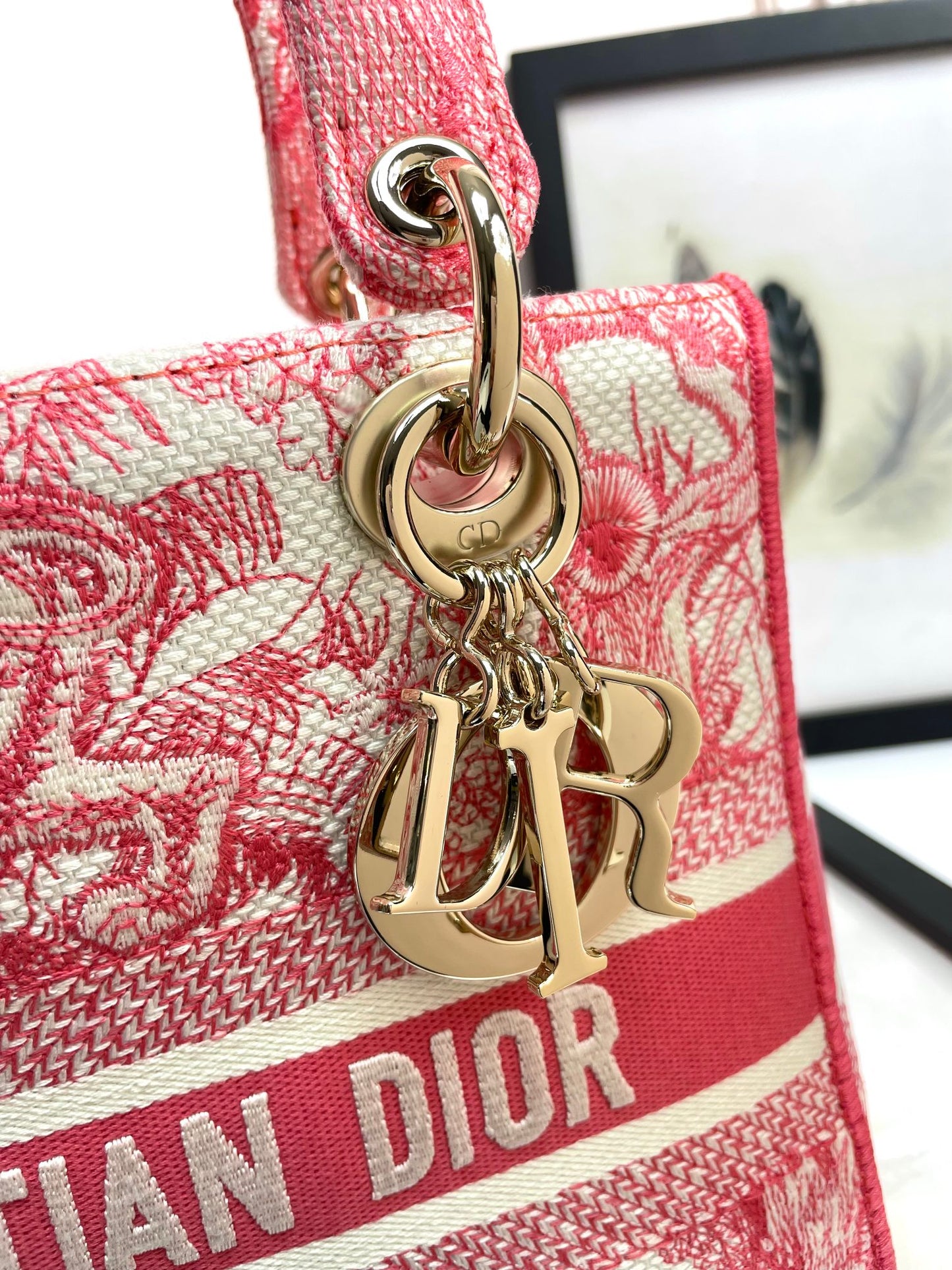 Dior Lady D-LITE Plum Tiger Embroidery Bag D6814 - Pietro Ruffo Sunset Collection with Magnetic Detachable Strap & D.I.O.R. Charms (Limited 24cm Cannage Bag)