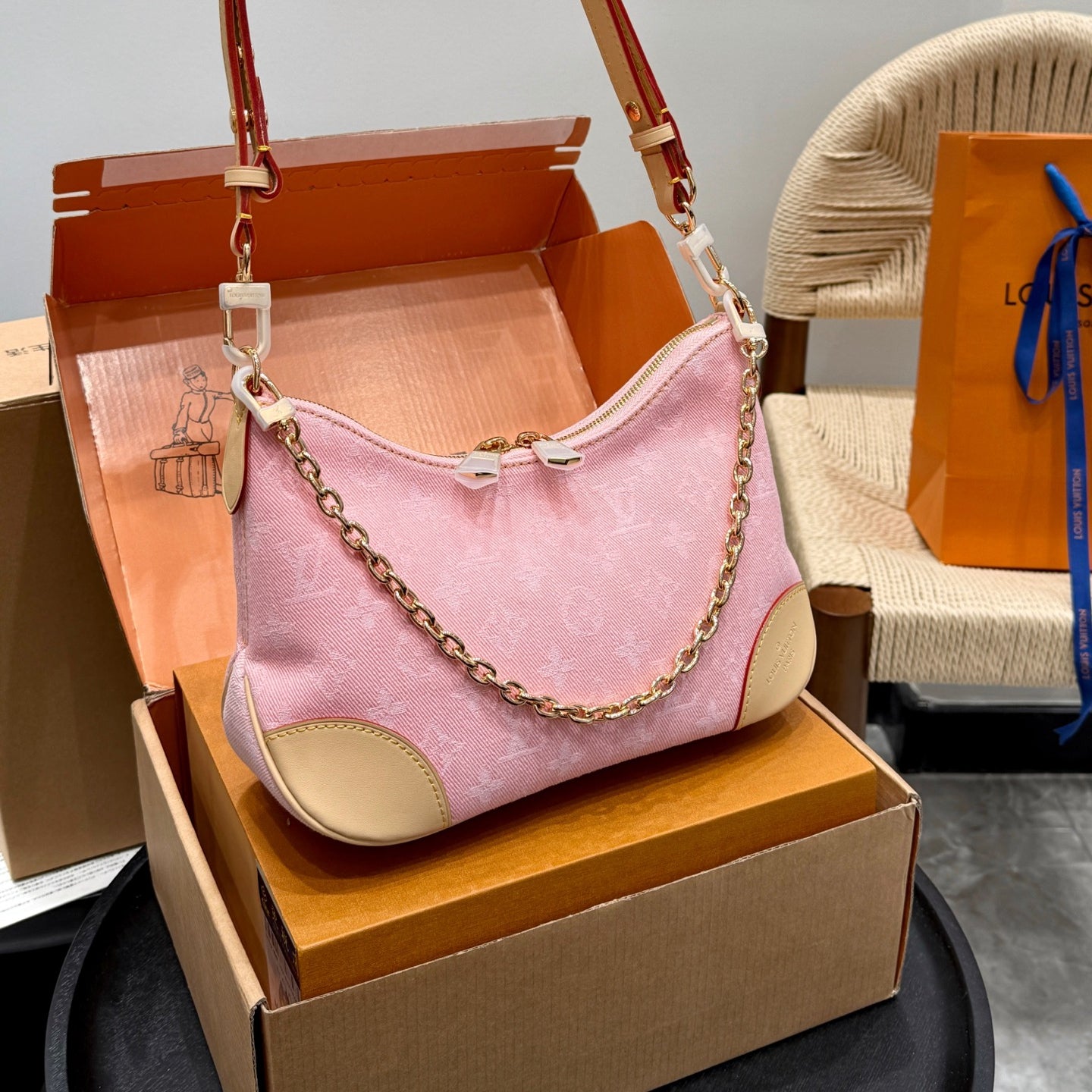Louis Vuitton Denim Boulogne Bag 2023 | 163c Dynamic Chip, Steel Chain Strap, Full Gift Box Packaging
