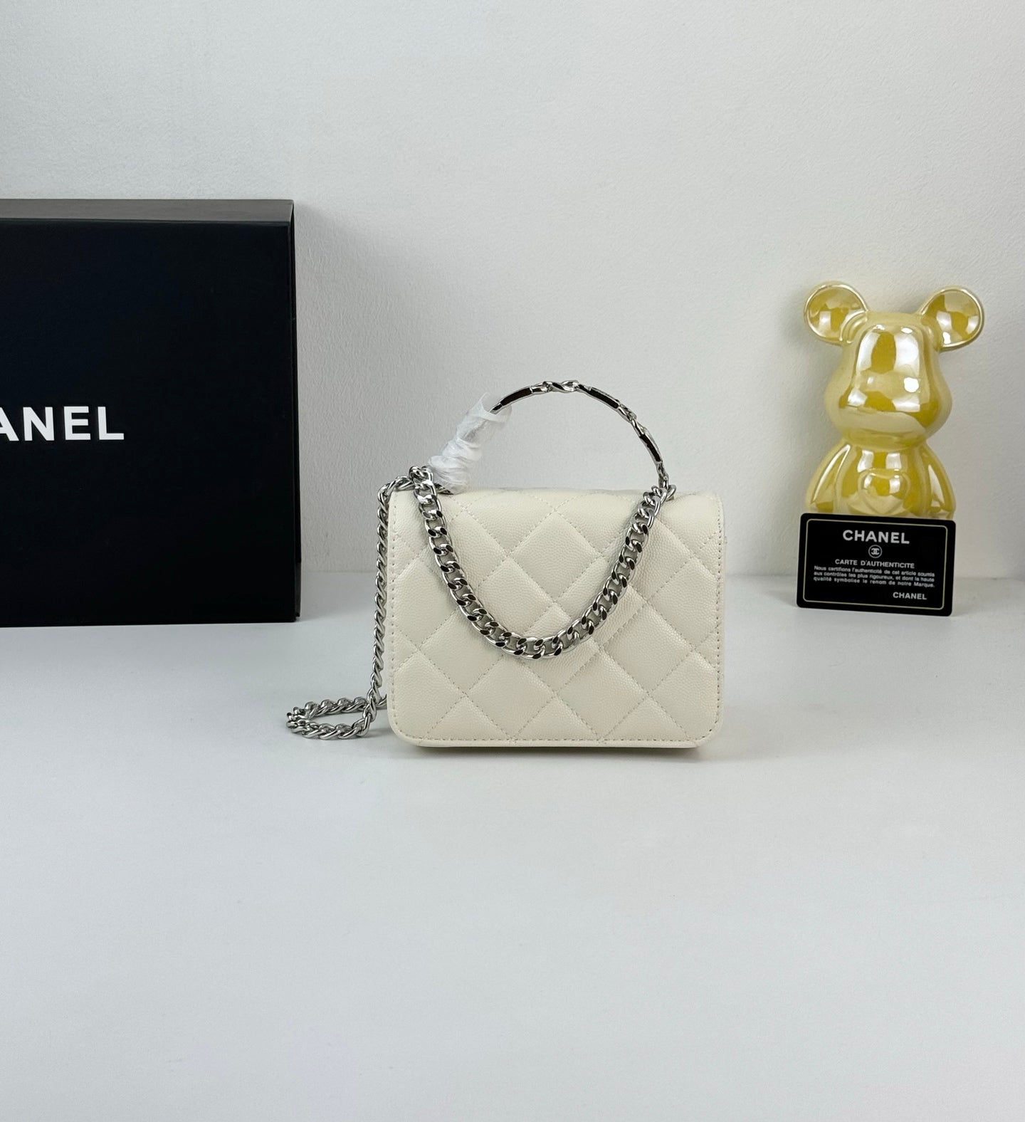 Chanel 22S White Enamel Handle Bag | Mini Sweet & Chic Crossbody | Detachable Woven Strap & Silver Logo