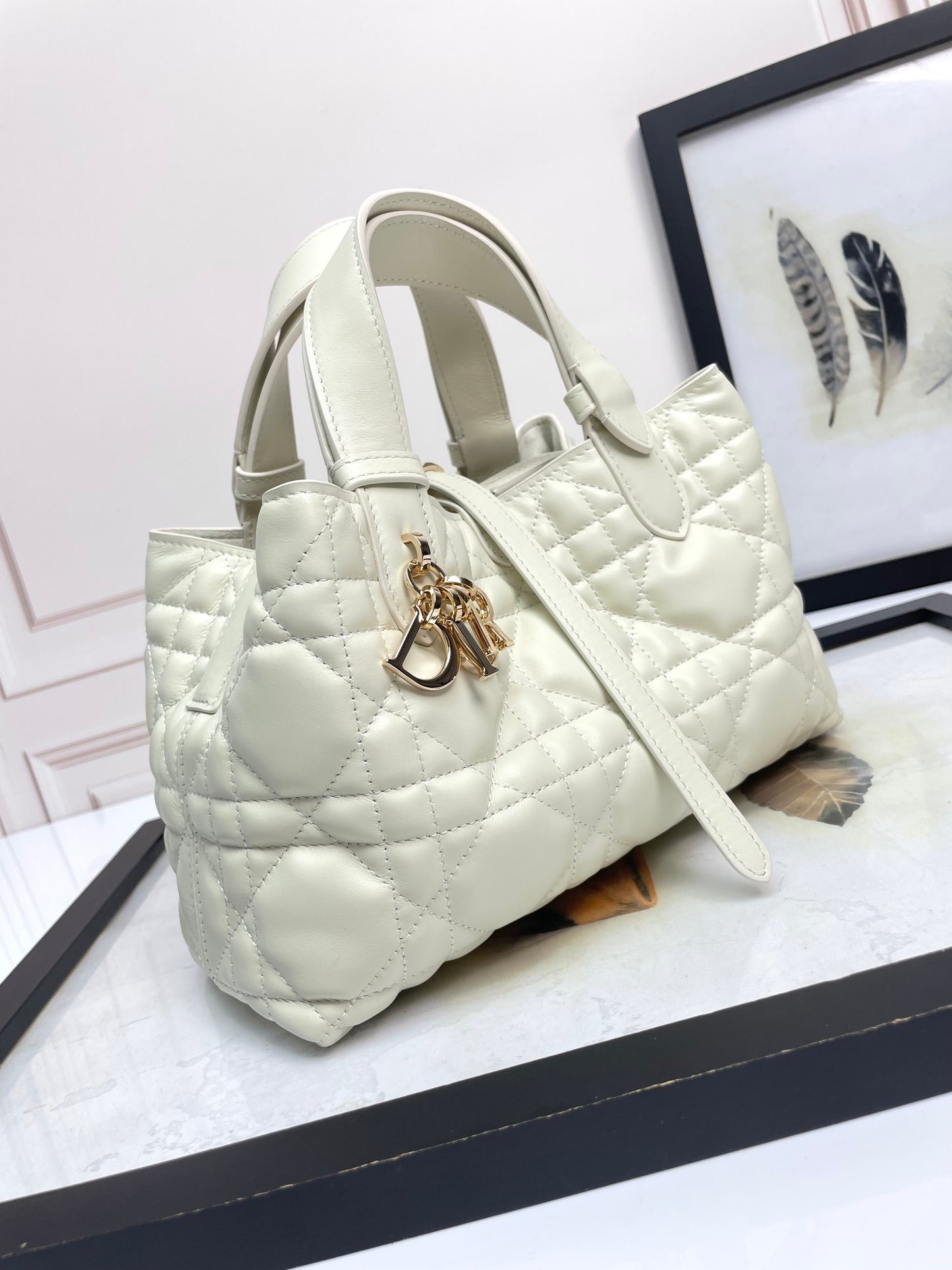 Dior Toujours White Large Cannage Quilted Handbag | Lamb Leather Lining | Imported Hardware | Small 23cm Tote Bag