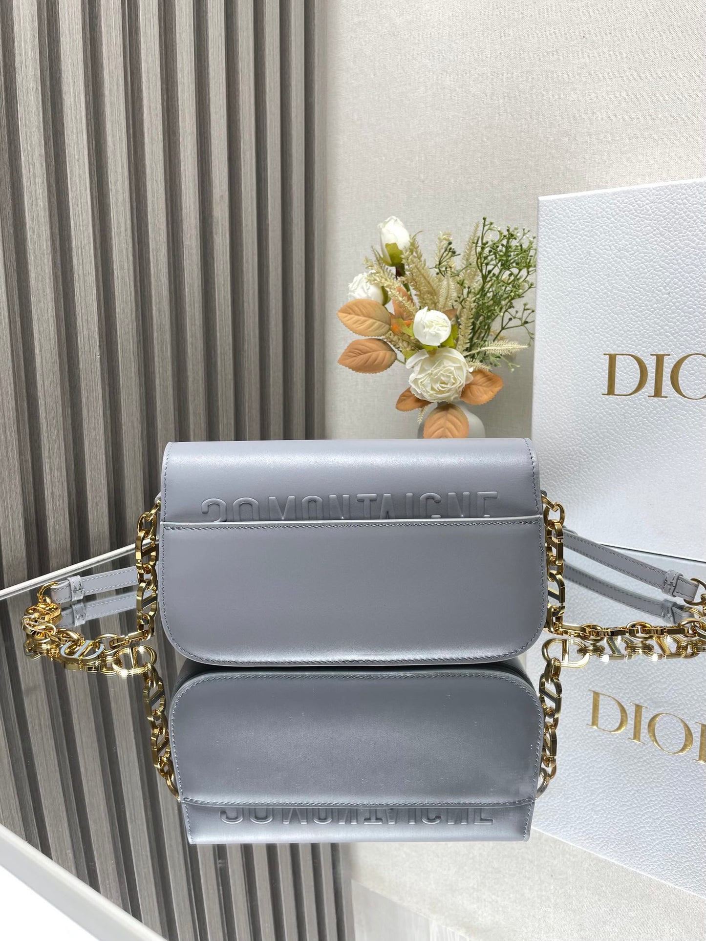 Dior 30 Montaigne Grey Enamel Chain Bag - Glazed Calfskin Flap Bag with Perfume-Bottle Inspired Closure (Convertible Triple-Compartment Crossbody)