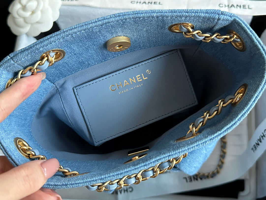 Chanel 25C Washed Denim Mini Backpack | Light Blue | Vintage Wash Original Denim | ZP-Grade Antique Brushed Gold Hardware | Limited Edition